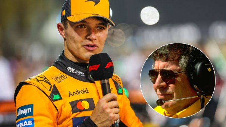 Lando Norris pictured the 2025 Bahrain Grand Prix, inset of Gary Anderson