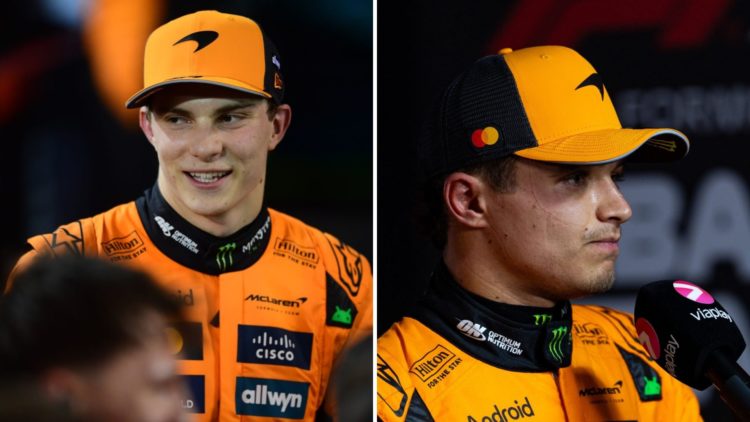 Split image of McLaren drivers Oscar Piastri and Lando Norris at the 2025 Bahrain Grand Prix