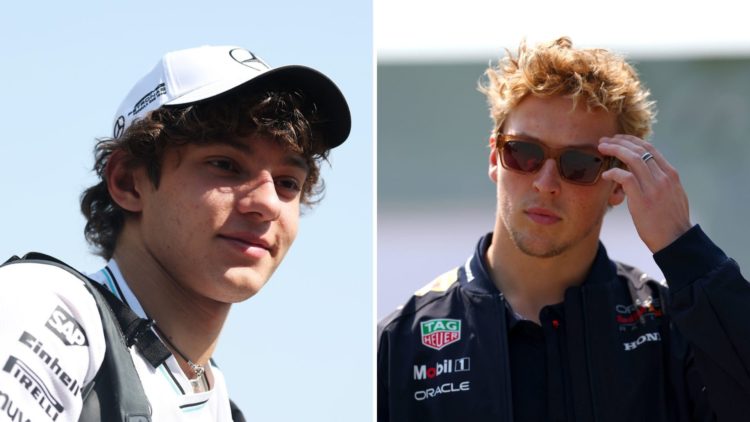 Split image of Kimi Antonelli (L) and Liam Lawson (R) at the 2025 Chinese Grand Prix