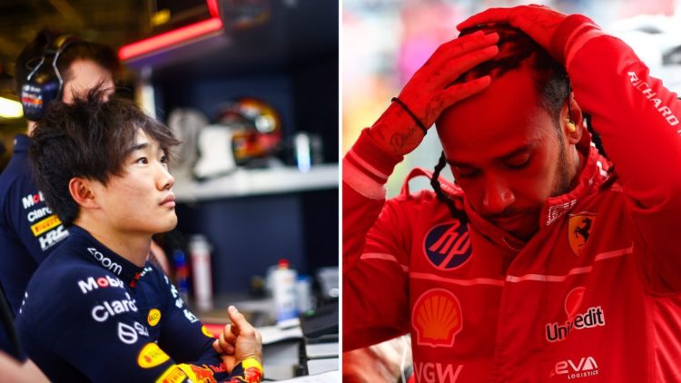 Split image of Red Bull's Yuki Tsunoda (L) and Ferrari's Lewis Hamilton (R)