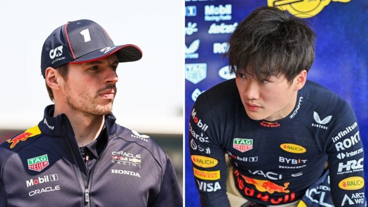 Split image of Red Bull drivers Max Verstappen (L) and Yuki Tsunoda (R)
