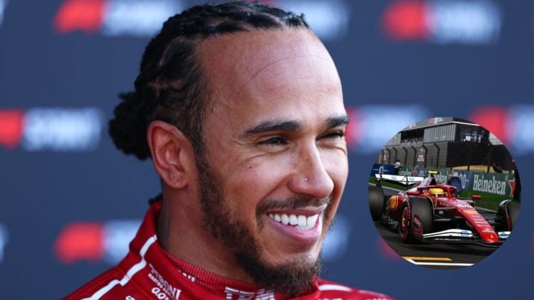 Lewis Hamilton pictured at the 2025 Chinese Grand Prix, inset of Lewis Hamilton in his Ferrari