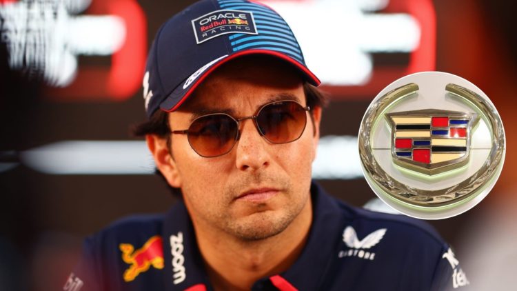 Sergio Perez pictured at the 2024 Abu Dhabi Grand Prix, inset of the Cadillac logo