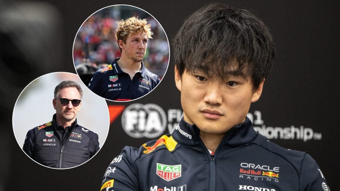 Yuki Tsunoda at the 2025 Japanese Grand Prix, insets of Liam Lawson and Christian Horner
