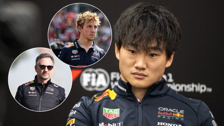 Yuki Tsunoda at the 2025 Japanese Grand Prix, insets of Liam Lawson and Christian Horner