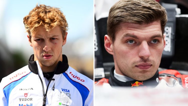Split image of Liam Lawson (L) and Max Verstappen (R) at the 2025 Japanese Grand Prix