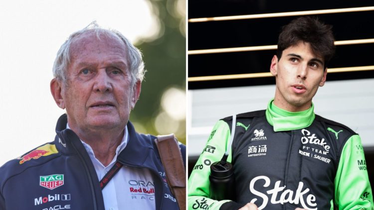 Split image of Helmut Marko (L) and Gabriel Bortoleto (R) at the 2025 Chinese Grand Prix
