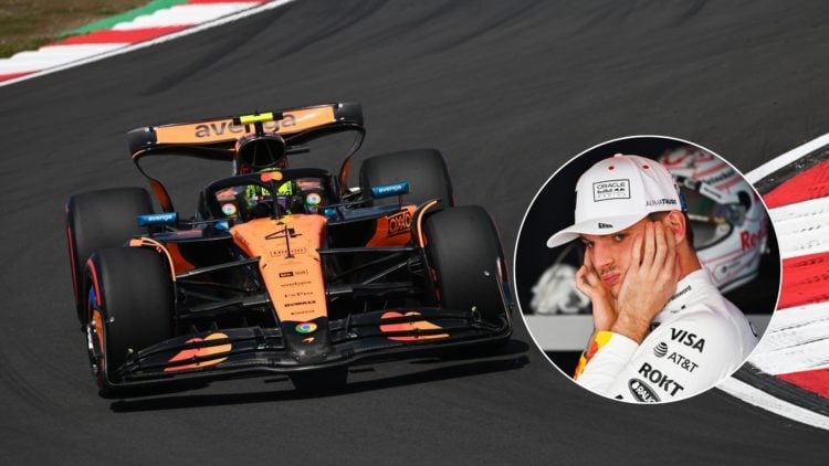 McLaren driver Lando Norris at the 2025 Chinese Grand Prix, inset of Max Verstappen