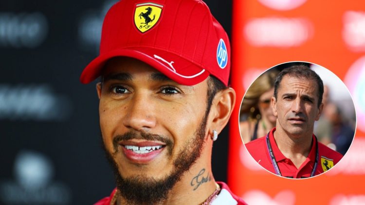 Lewis Hamilton at the 2025 Japanese Grand Prix, inset of Marc Gene