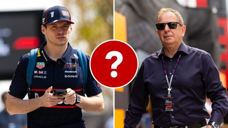 Max Verstappen of Netherlands and Oracle Red Bull Racing walks in the paddock, and Martin Brundle of Great Britain and Sky Sports walks in the paddock