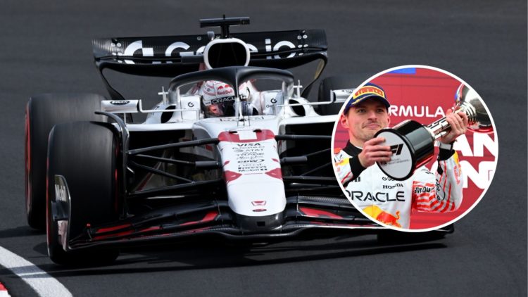 Image of Max Verstappen's car with an inset of him celebrating his 2025 Japanese Grand Prix win