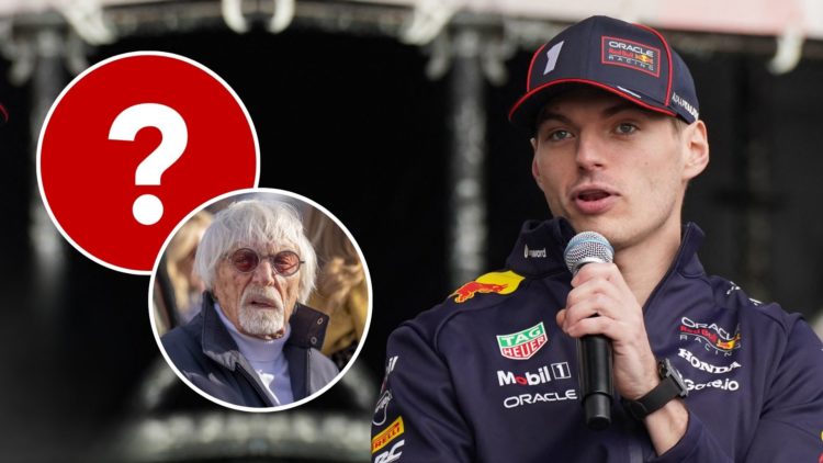 Max Verstappen speaks during a talk session as part of the F1 Tokyo Fan Festival. Inset, Bernie Ecclestone and a question mark.
