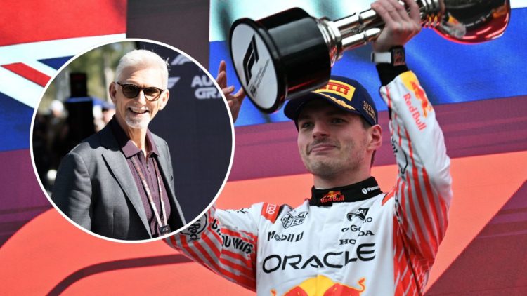 Image of Max Verstappen celebrating winning the Japanese Grand Prix with an inset of Damon Hill