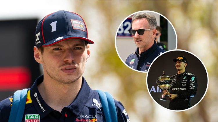 Red Bull driver Max Verstappen arrives at the 2025 F1 Bahrain Grand Prix. Insets, Red Bull team principal Christian Horner in the Sakhir paddock an...