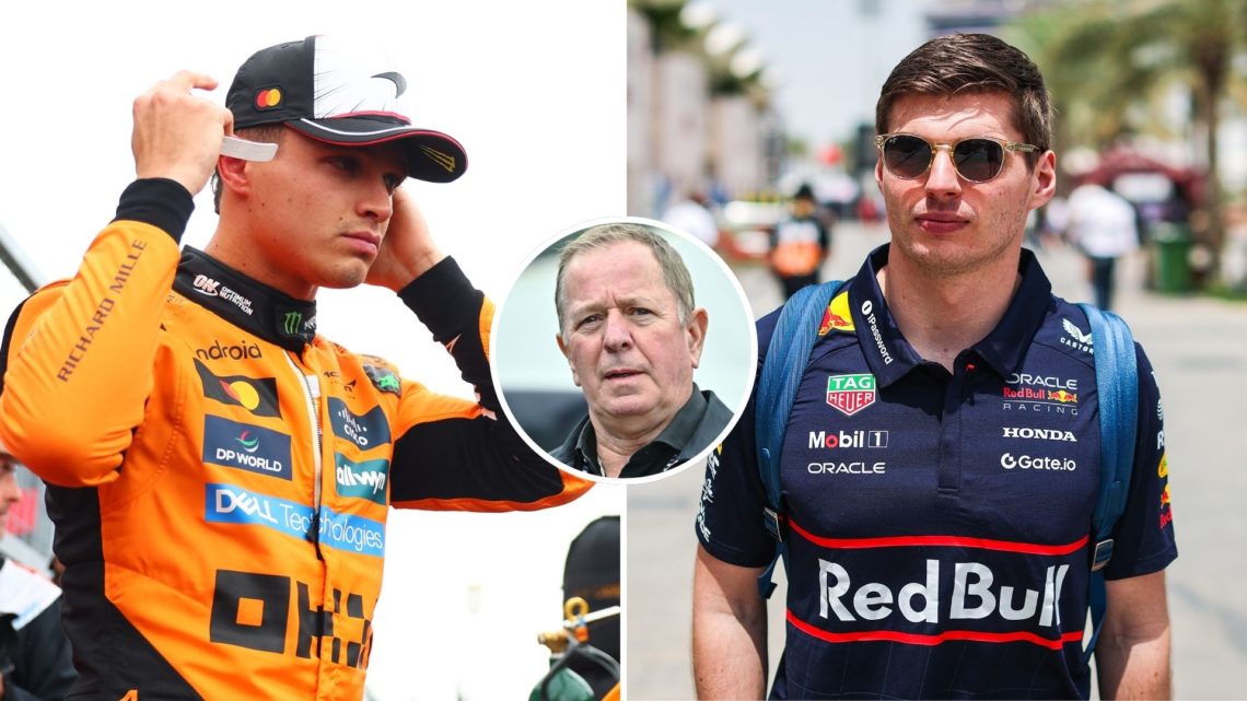 Max Verstappen of Netherlands and Oracle Red Bull Racing walks in the paddock, and Lando Norris of Great Britain and McLaren looks on on the grid. ...