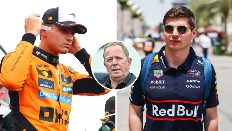 Max Verstappen of Netherlands and Oracle Red Bull Racing walks in the paddock, and Lando Norris of Great Britain and McLaren looks on on the grid. ...