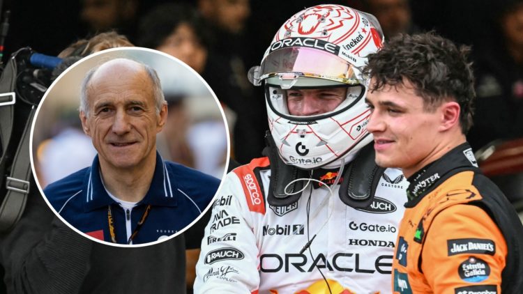 Max Verstappen and Lando Norris after the Japanese Grand Prix. Inset, Franz Tost after his last race as an F1 team principal.