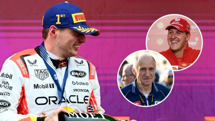 Race winner Max Verstappen of the Netherlands and Oracle Red Bull Racing celebrates on the podium. Inset, Michael Schumacher and Franz Tost.