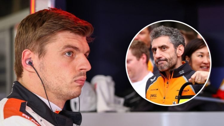 Red Bull driver Max Verstappen prepares in the garage for the 2025 F1 Japanese Grand Prix. Inset, McLaren team principal Andrea Stella celebrates t...
