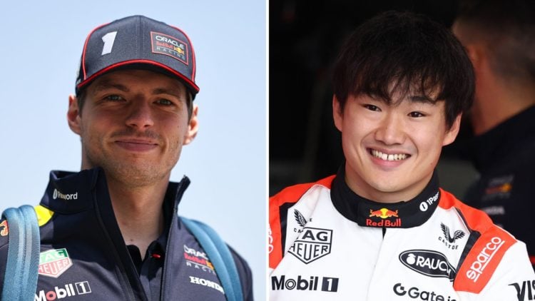 Split image as Max Verstappen of the Netherlands and Oracle Red Bull Racing arrives at the track during the F1 Grand Prix of China, and Yuki Tsunod...