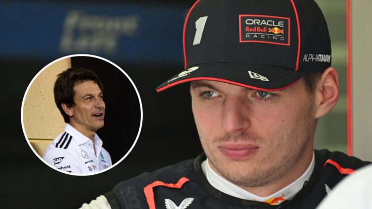 Red Bull driver Max Verstappen reacts after qualifying for the 2025 Bahrain Grand Prix. Inset, Mercedes team principal Toto Wolff after the race in...