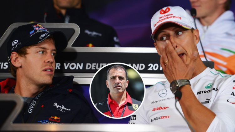 Sebastian Vettel of Germany and Red Bull Racing and Michael Schumacher of Germany and Mercedes GP attend the drivers press conference. Inset, Marc ...