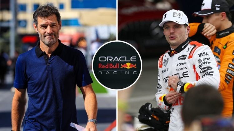 Split image of Mark Webber and Max Verstappen. Inset, the Red Bull Racing logo.