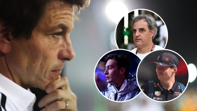 Mercedes team principal Toto Wolff reacts in the 2025 F1 Bahrain Grand Prix paddock with insets of Juan Pablo Montoya, George Russell and Max Verst...