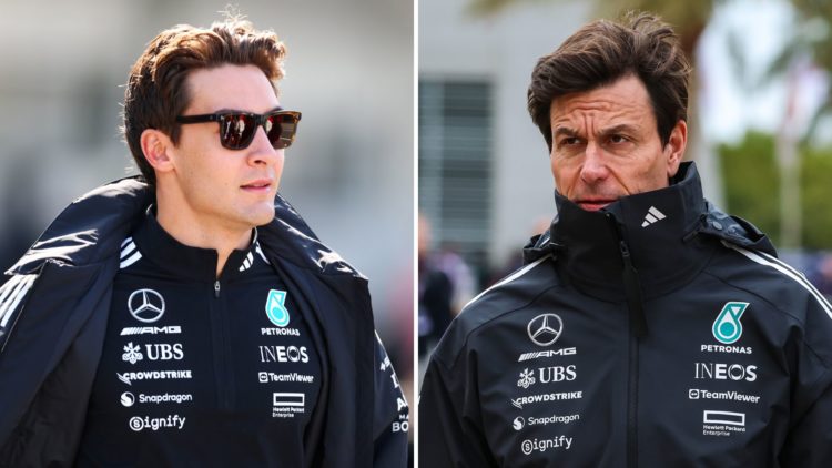 Split image as George Russell of Great Britain and Mercedes AMG Petronas F1 Team arrives, and Mercedes CEO and Team Principal Toto Wolff walks in t...