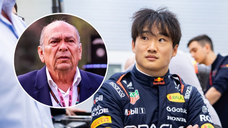 Yuki Tsunoda of Japan and Oracle Red Bull Racing with an inset of Antonio Pérez Garibay, father of Sergio Perez, walks in the paddock during the F1...