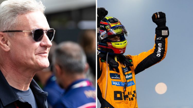 David Coulthard (left) at the Australian Grand Prix, Oscar Piastri (right) celebrating winning the Bahrain Grand Prix