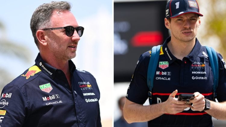 Christian Horner (left) in the paddock at the Bahrain Grand Prix, Max Verstappen (right) on his phone at the Bahrain Grand Prix