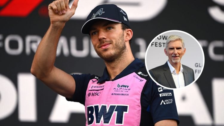 Pierre Gasly (left) giving a thumbs up, Damon Hill (inset) smiling at the camera