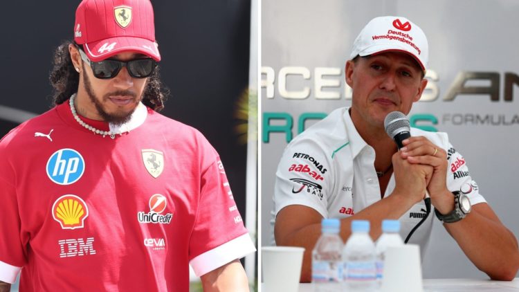 Split image of Ferrari driver Lewis Hamilton walking in the Formula 1 paddock and Michael Schumacher in a press conference for Mercedes in 2012