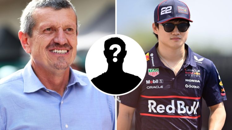 Guenther Steiner (left) smiling at the United States Grand Prix, Yuki Tsunoda (right) walking through the F1 paddock
