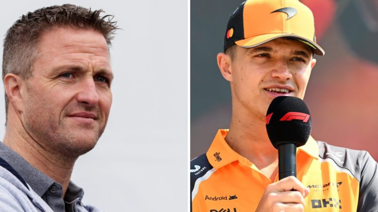 Ralf Schumacher (left) at the Russian Grand Prix, Lando Norris (right) talking into a microphone at the Saudi Arabian Grand Prix