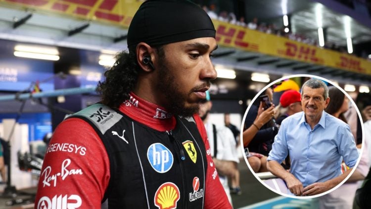 Ferrari driver Lewis Hamilton in 2025 F1 Saudi Arabian Grand Prix pit lane with an inset of Guenther Steiner