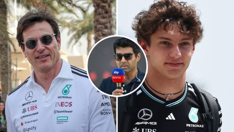 Mercedes team principal Toto Wolff in the 2025 F1 Bahrain GP paddock and rookie Andrea Kimi Antonelli in the Saudi Arabian GP paddock with an inset...