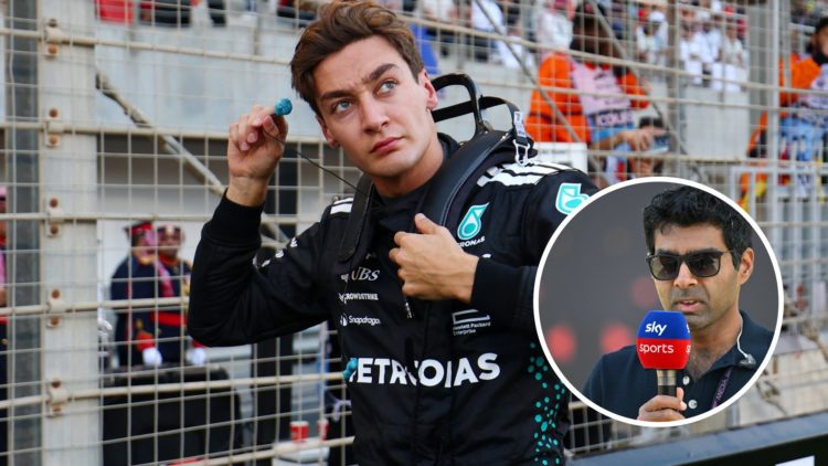 Mercedes driver George Russell prepares for the 2025 F1 Bahrain Grand Prix. Inset of Sky Sports pundit Karun Chandhok.