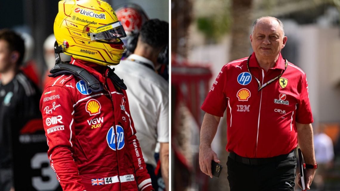 Split image of Ferrari driver Lewis Hamilton wearing his helmet and team principal Fred Vasseur walking in the F1 paddock