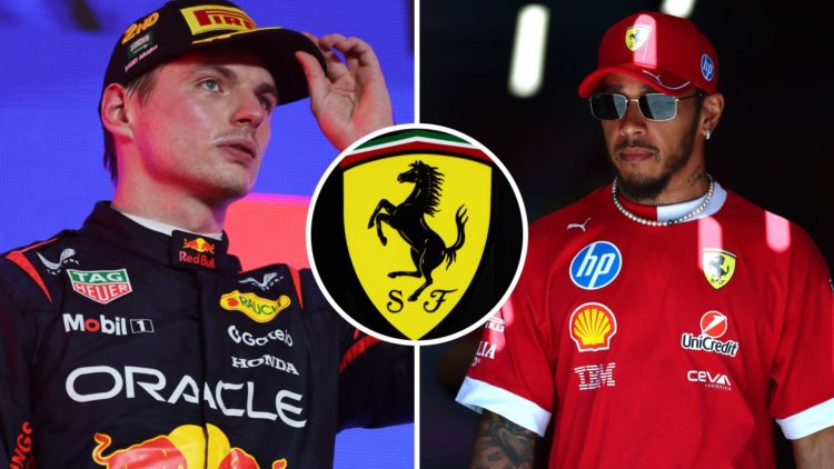 Split image of Max Verstappen (L) and Lewis Hamilton (R), inset Ferrari logo
