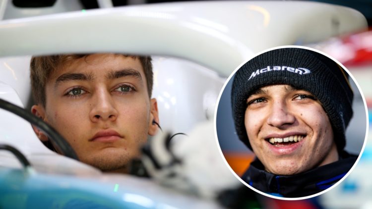 George Russell in his 2019 Williams F1 car, inset McLaren driver Lando Norris in 2019