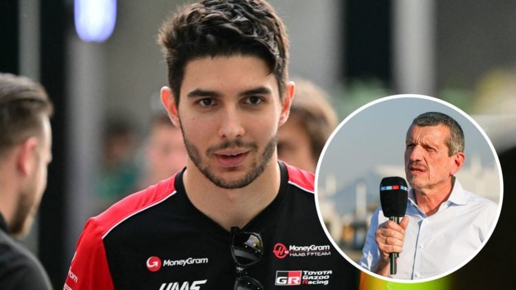 Haas driver Esteban Ocon walks through the 2025 F1 Saudi Arabian Grand Prix paddock with an inset of Guenther Steiner
