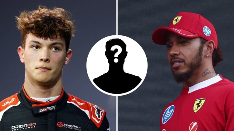 Haas driver Oliver Bearman reacts after qualifying for the 2025 F1 Bahrain Grand Prix and Ferrari driver Lewis Hamilton walks through the 2025 F1 S...