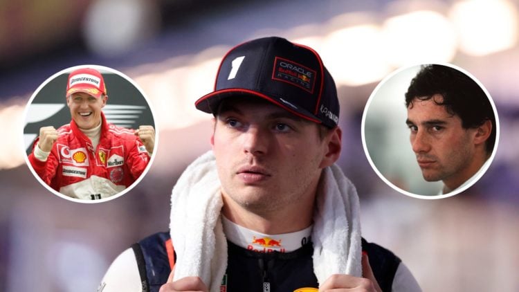 Max Verstappen at the 2025 Saudi Arabian Grand Prix with photos of Michael Schumacher and Ayrton Senna