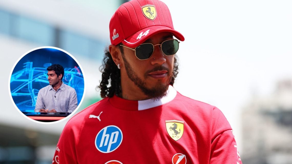 Image of Ferrari driver Lewis Hamilton walking in the Formula 1 paddock with an inset of Karun Chandhok in the studio