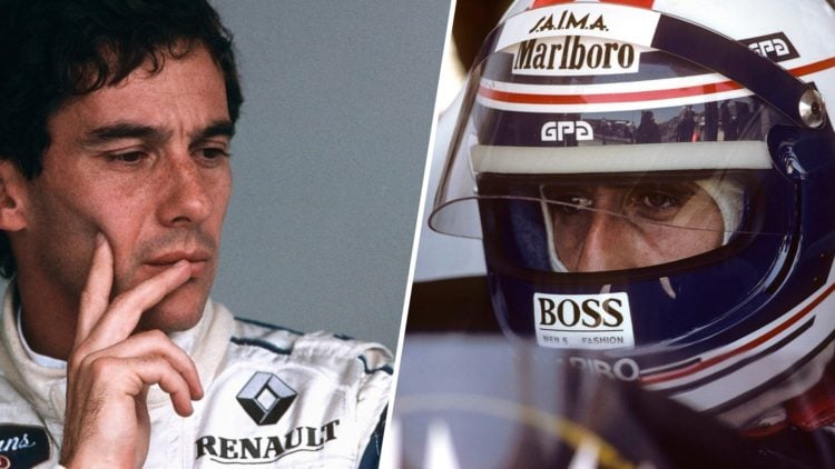 Split image of Ayrton Senna looking on in Williams gear and Alain Prost sitting in his McLaren F1 car