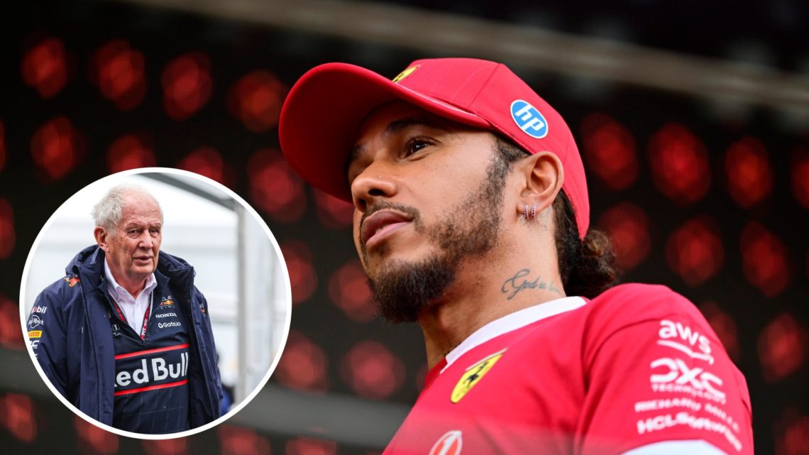 Ferrari driver Lewis Hamilton in the 2025 F1 Saudi Arabian Grand Prix paddock with an inset of Helmut Marko