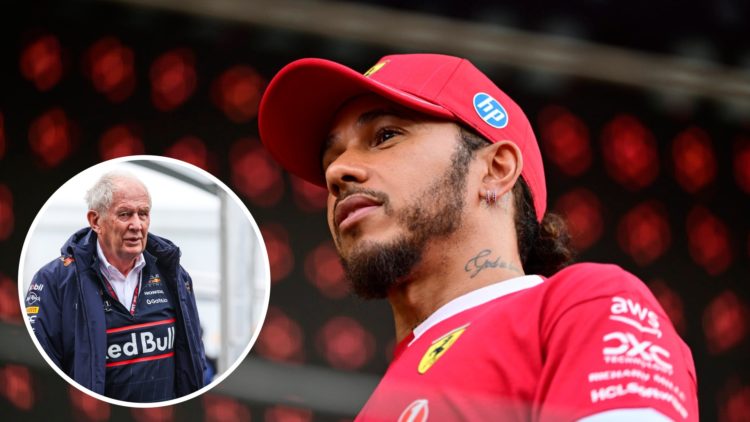 Ferrari driver Lewis Hamilton in the 2025 F1 Saudi Arabian Grand Prix paddock with an inset of Helmut Marko