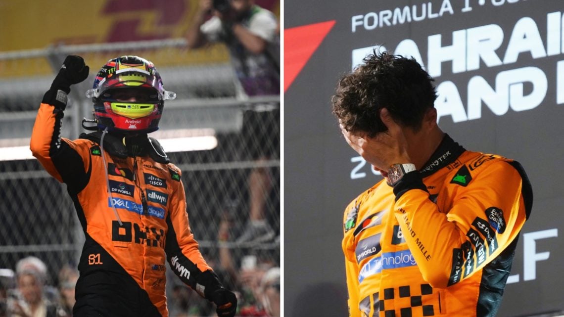 Split image of McLaren driver Oscar Piastri celebrating a win and teammate Lando Norris with his head in his hands